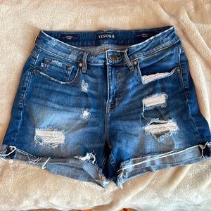 Ripped Denim Mid Rise Shorts